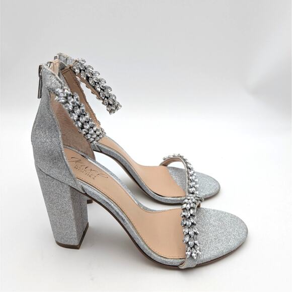 Jewel Badgley Mischka Mayra Block Heel Sandals Women's Silver Size US8 EU38.5 - Picture 3 of 9